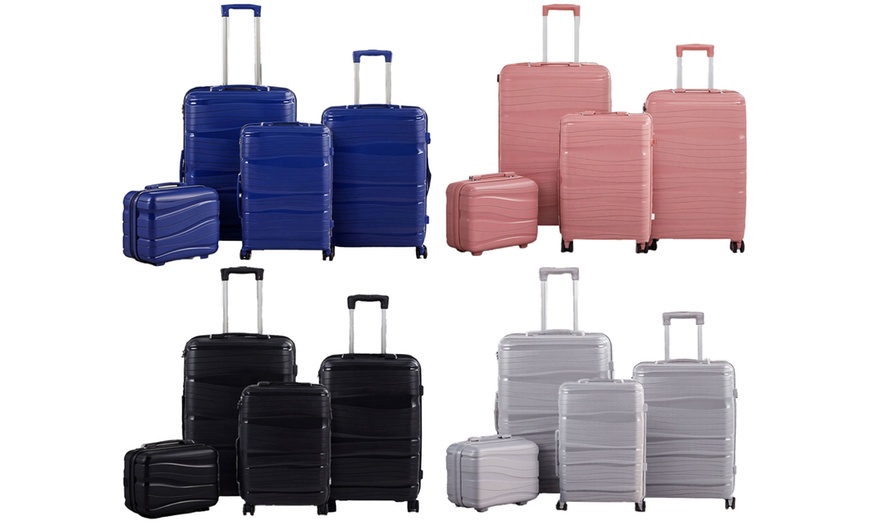 Image 1: Four Piece PP Suitcase Set with Silent Wheels & Password Lock