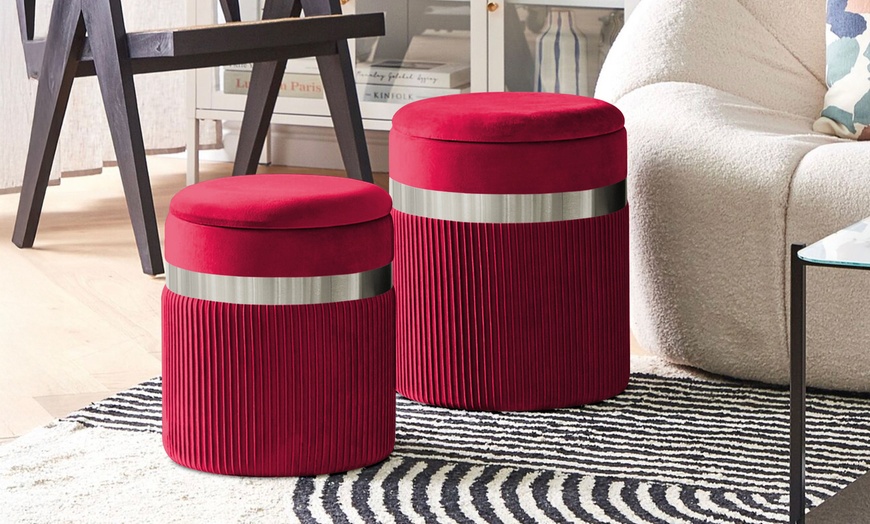 Image 5: 2er-Set zylindrische Samt-Poufs mit Stauraum