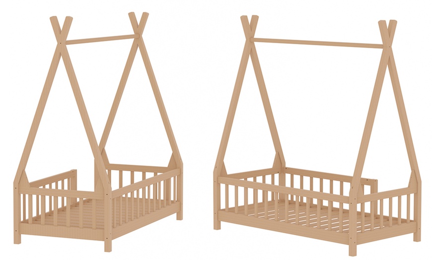 Image 3: Pine Wood Tent-Shaped Kids Bed Frame with Low Base and Safety Fence