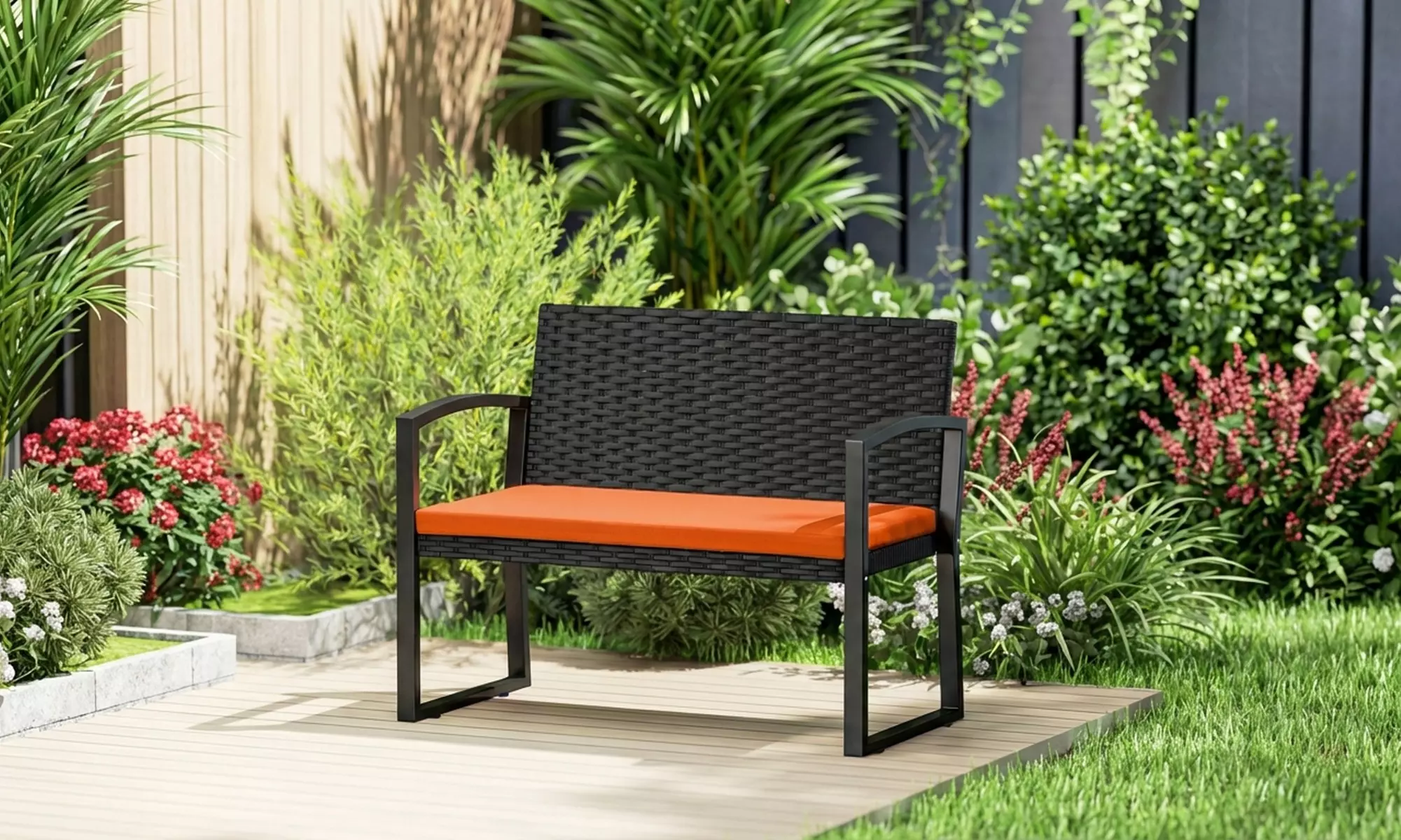 Outsunny 2-Seater Rattan-Effect Garden Bench with Cushioned Seat