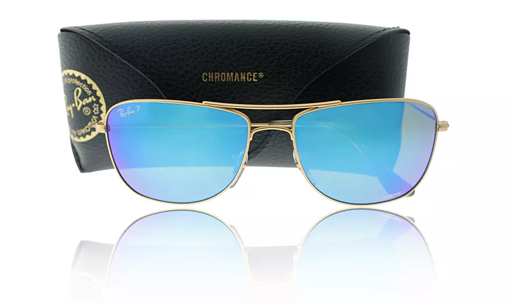 Ray-Ban Polarized Aviator Sunglasses for Men and Women with Gold Frame and Blue Chromance Lens - Primary Image