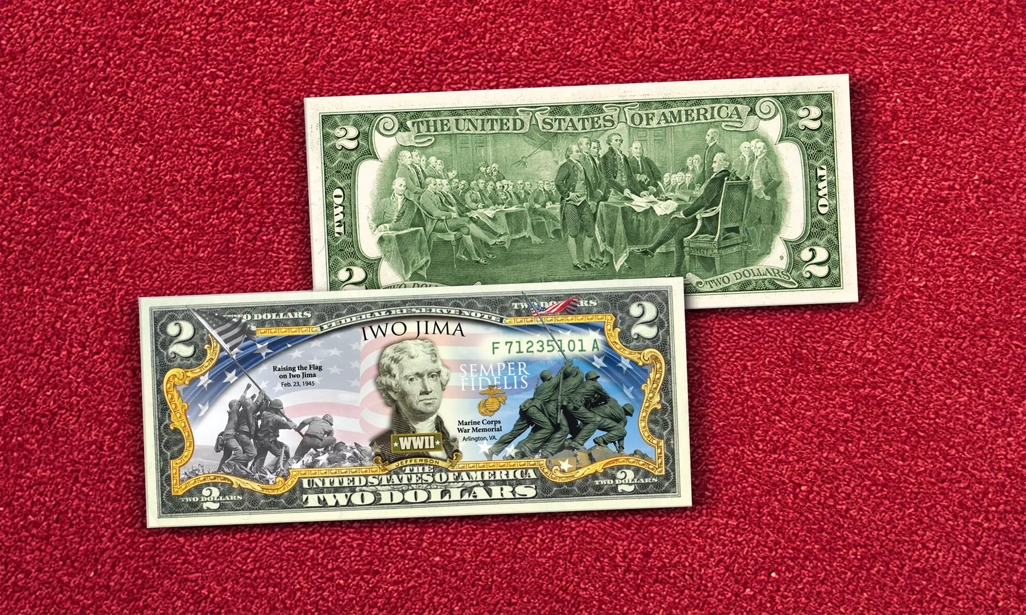 Iwo Jima Raising the Flag "Then & Now" WWII Official Legal Tender 2 Dollar Bill