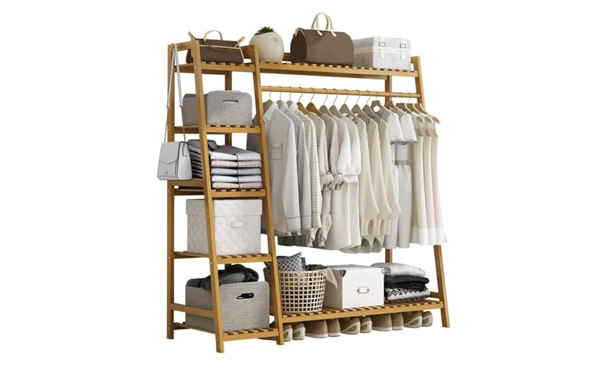 Image 2: Freestanding Bamboo Rack with Storage Shelf and Hooks