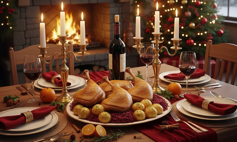 Gans zum Abholen oder Liefern mit Beilagen und Rotwein für 4 Personen