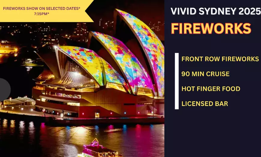 Image 1: 90 Min Vivid Cruise with Hot Finger Food & Front-row Fireworks Access