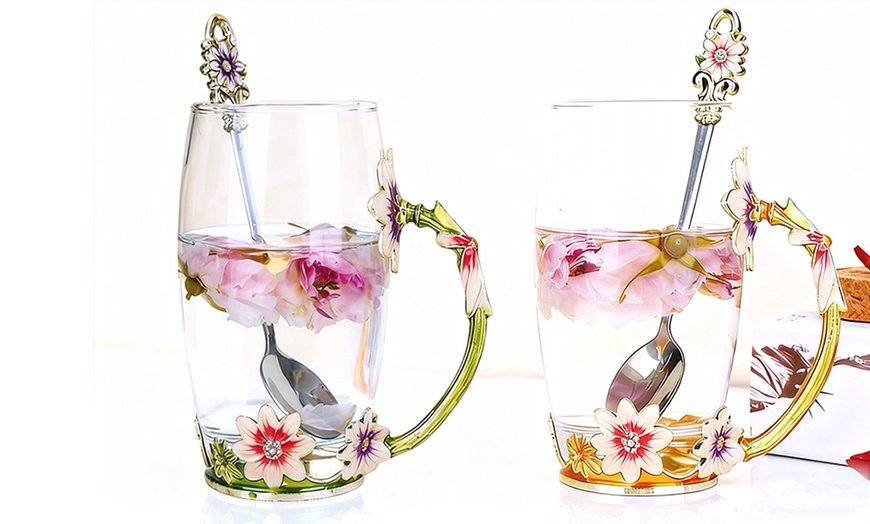 Image 1: Colourful Flower Glass Teacup with Spoon