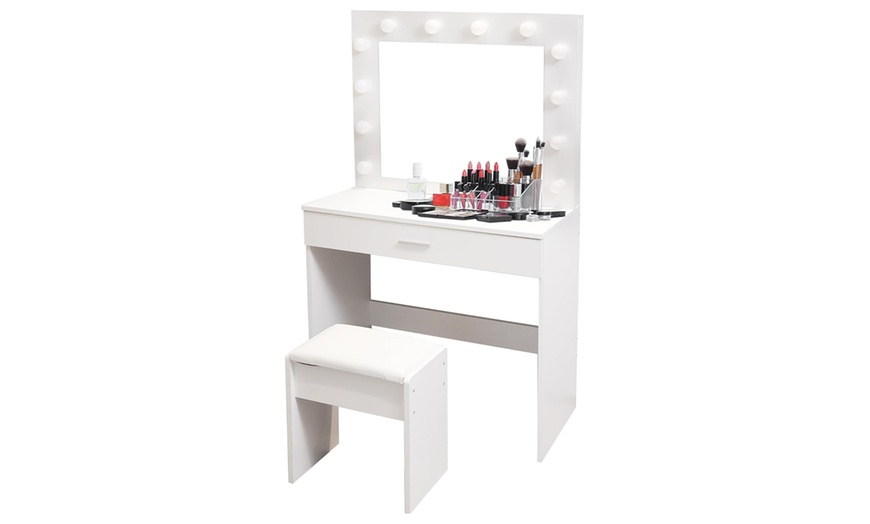 Image 4: White Dressing Table Makeup Desk With Stool and LED Lights