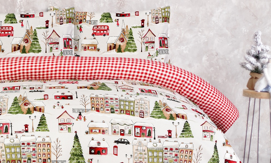 Image 4: Super Soft Reversible Christmas Town House Duvet Cover Set