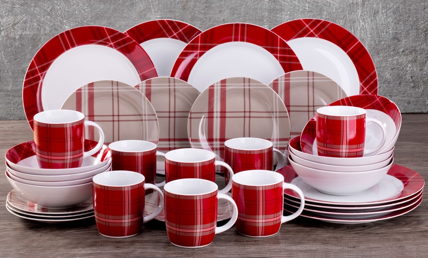 Image 1: 32-Piece Red Tartan Dinner Set