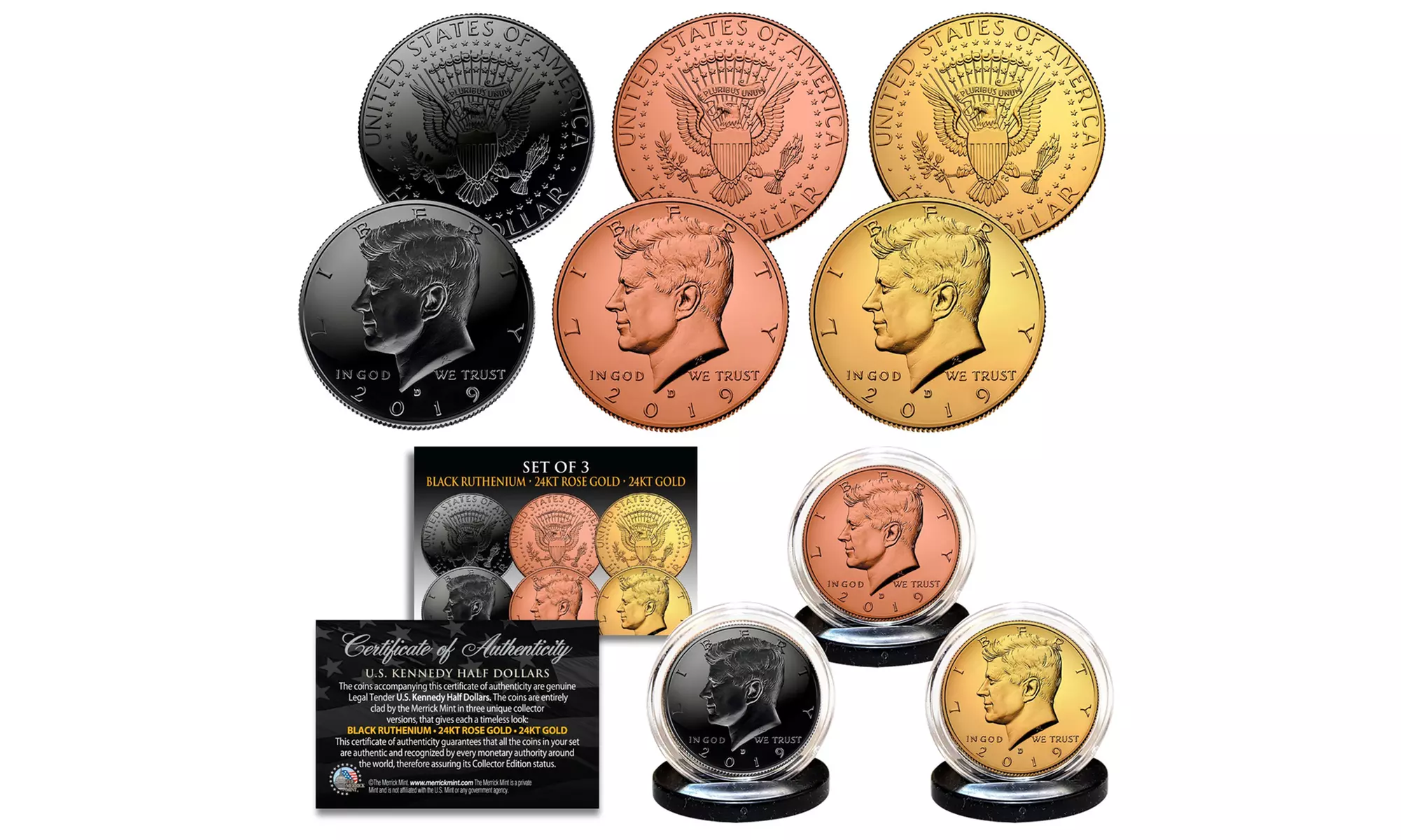 Merrick Mint 1976 Bicentennial JFK Half Dollar Rare Metal Versions 3-Coin Set - Primary Image