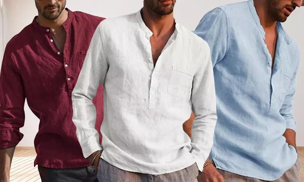 Camicia casual con collo a V da uomo