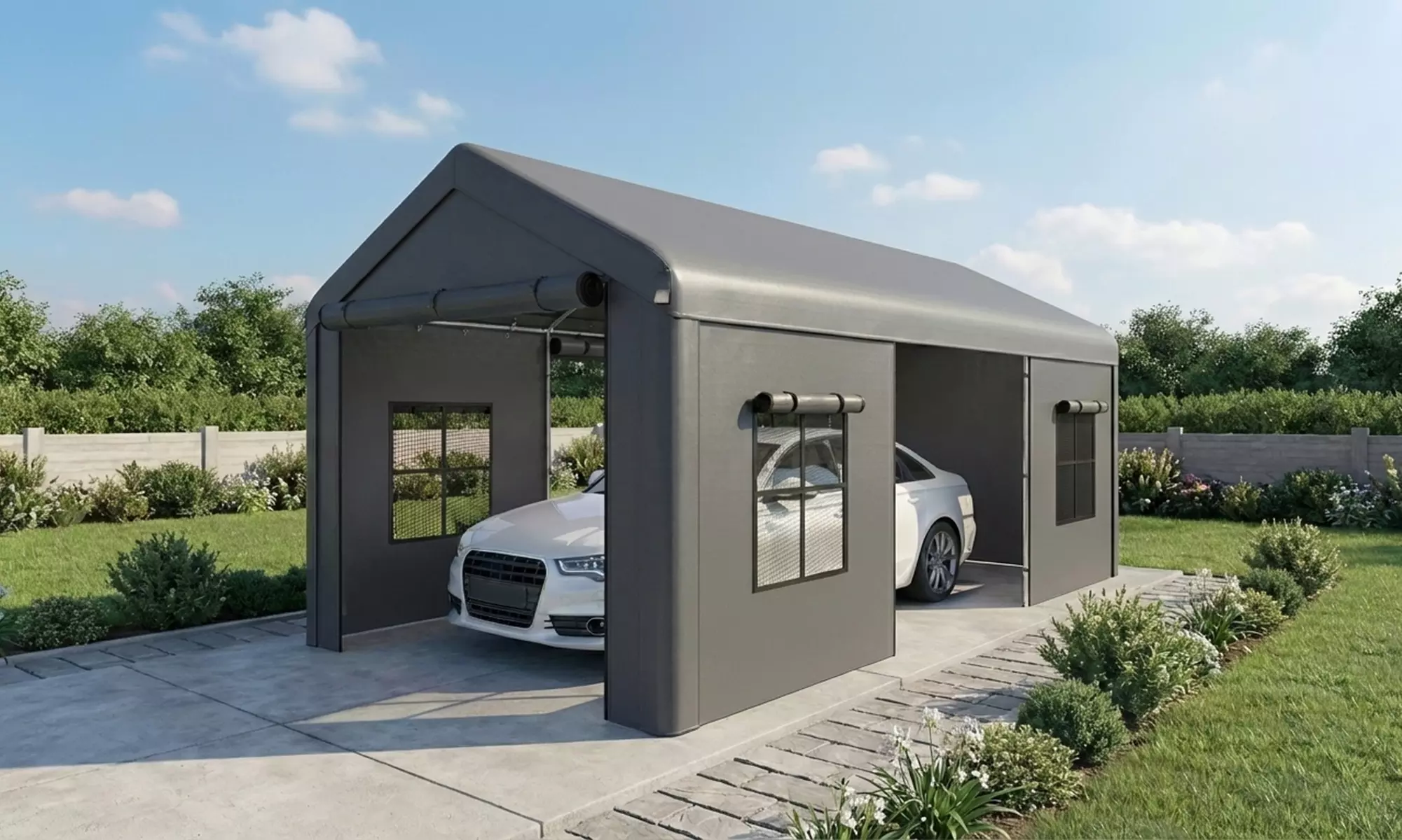 Outsunny 3 x 6 m Fully Enclosed Carport with Doors and Windows