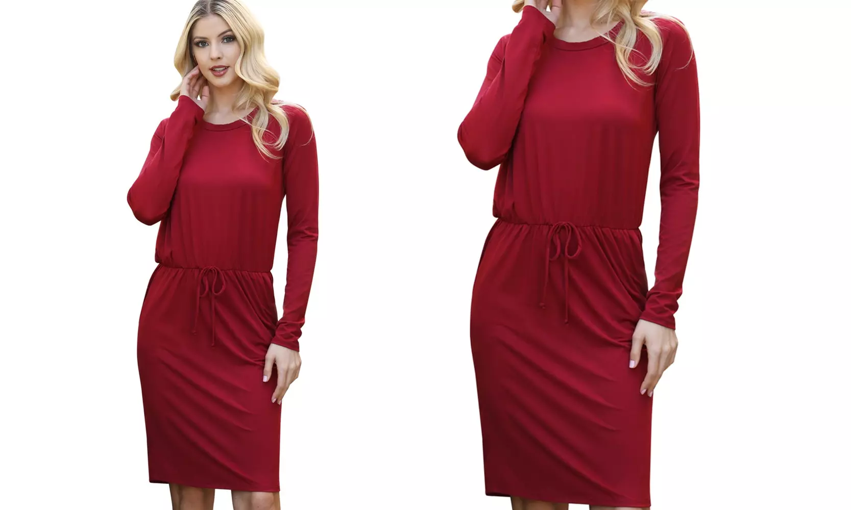 Riah Fashion Solid Long Sleeve Ribbon Elastic Waist Dress - Second Medium