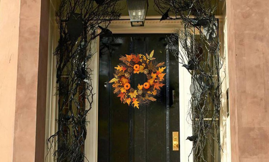 Image 6: Artificial Autumn Halloween Prelit Wreath Thanksgiving Decorations