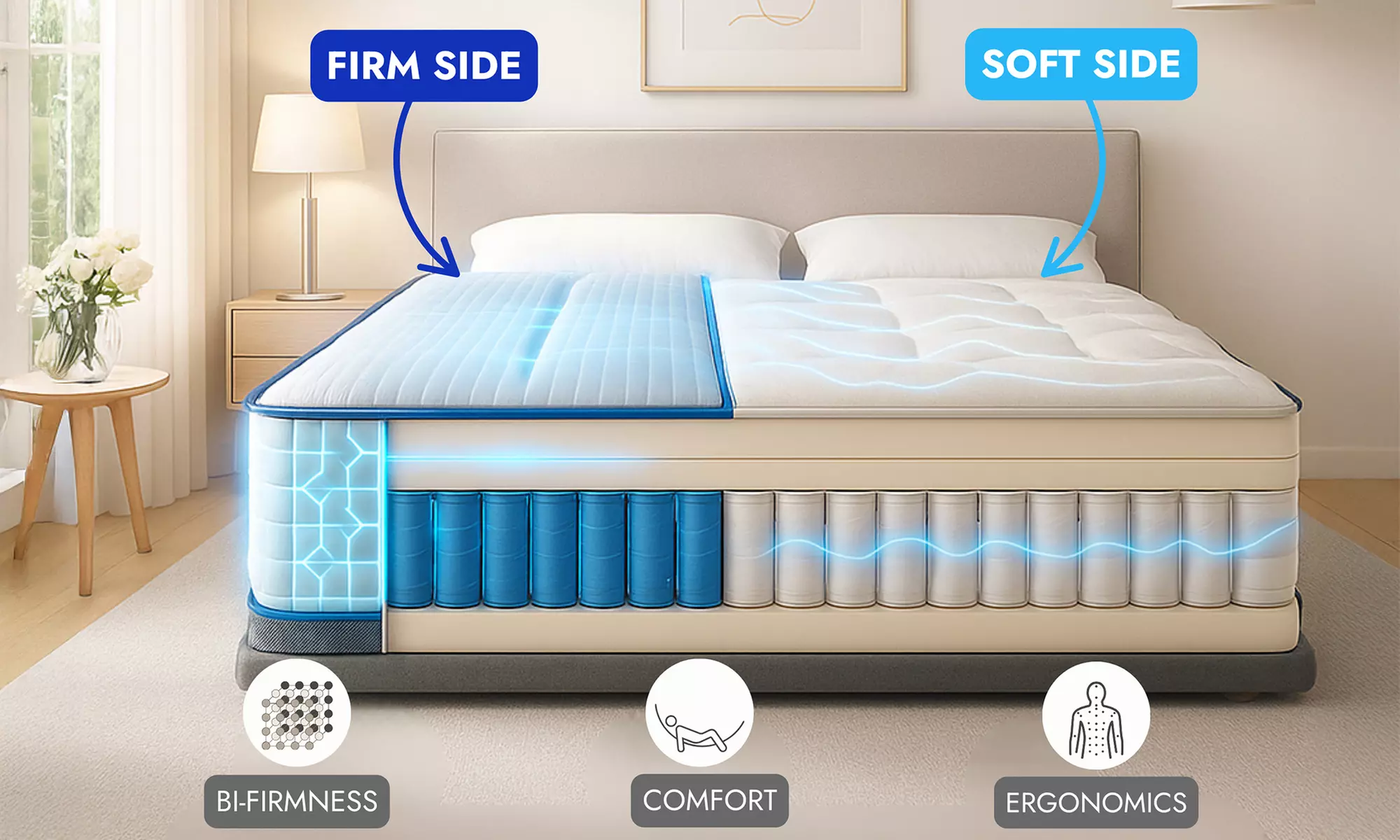 Materasso Biconfort con 2 zone di comfort (morbido e rigido) di Sampur