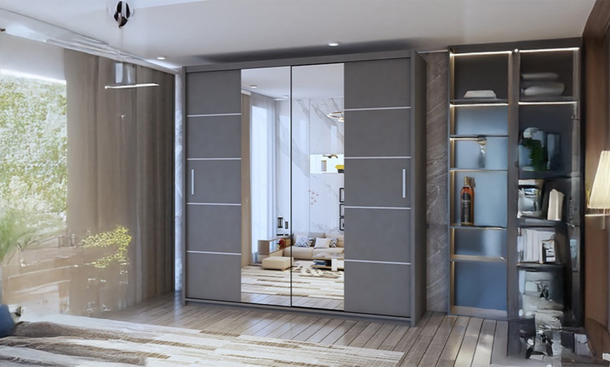 Image 3: Lima Modern Sliding Door Wardrobe with Mirror and Adjustable Shelves