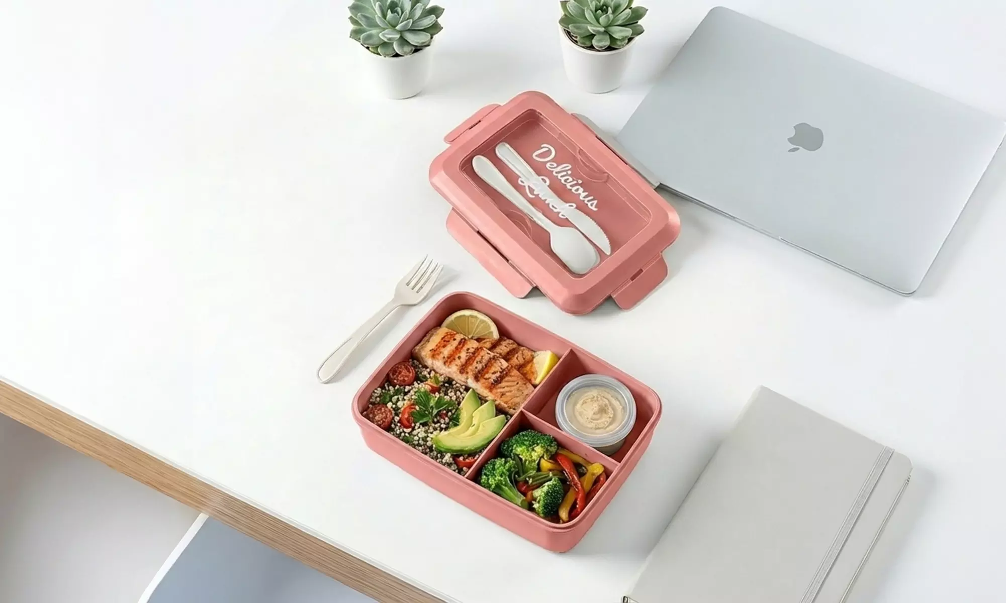 Set van 2 lunchboxen (1300 ml.) met 3 vakken en bestek