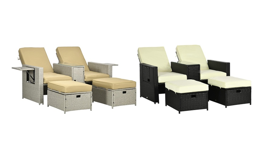 Image 1: Outsunny 5 Piece Recliner Rattan Sun Lounger Set