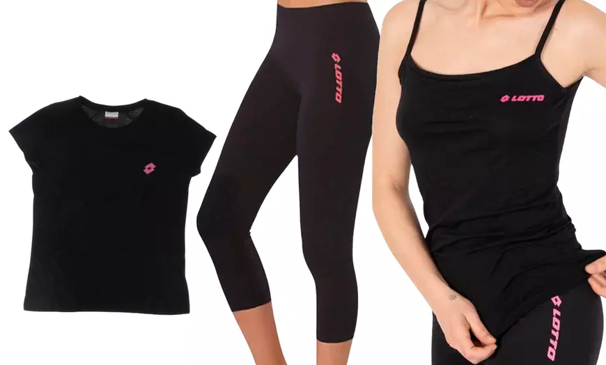 Image 3: Completo Lotto da donna 3 pezzi con t-shirt, leggins capri e canotta