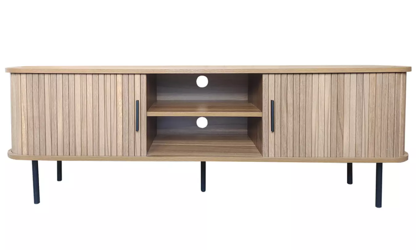 Meuble TV "Ambon" en bois cannelé avec portes coulissantes 140 cm