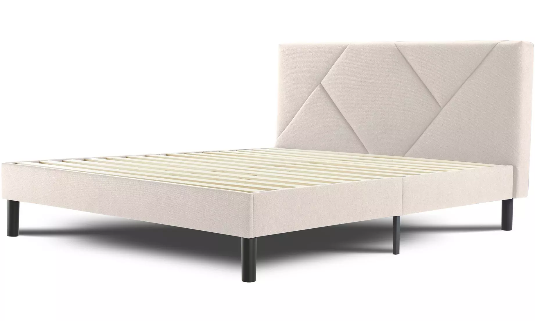 Letto imbottito in tessuto con doghe in legno e vano contenitore