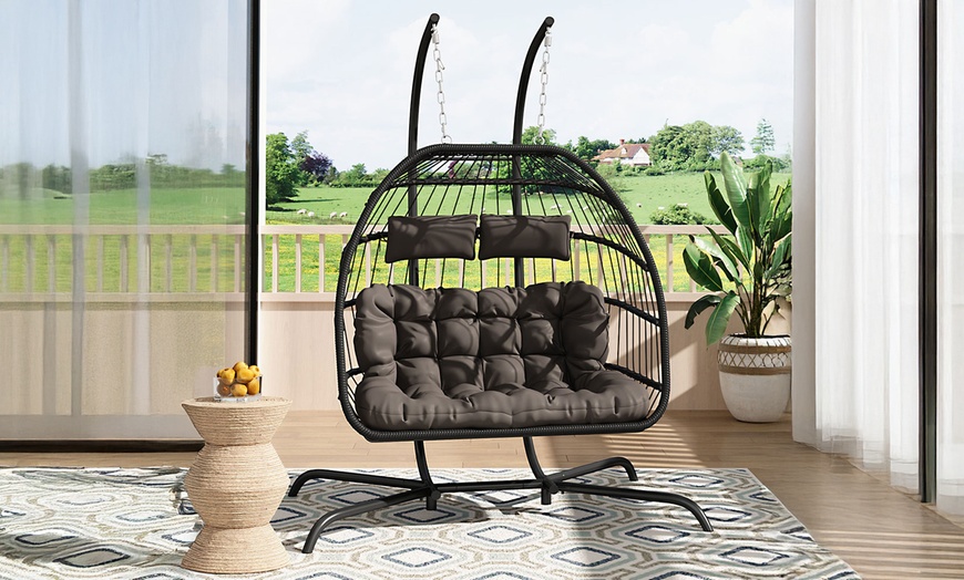 Image 30: Outdoor Cosy Rattan-Effect Hanging Egg Chair with Cushion