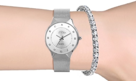 Braccialetto tennis e orologio, decorati con cristalli, disponibili singolarmente o abbinati