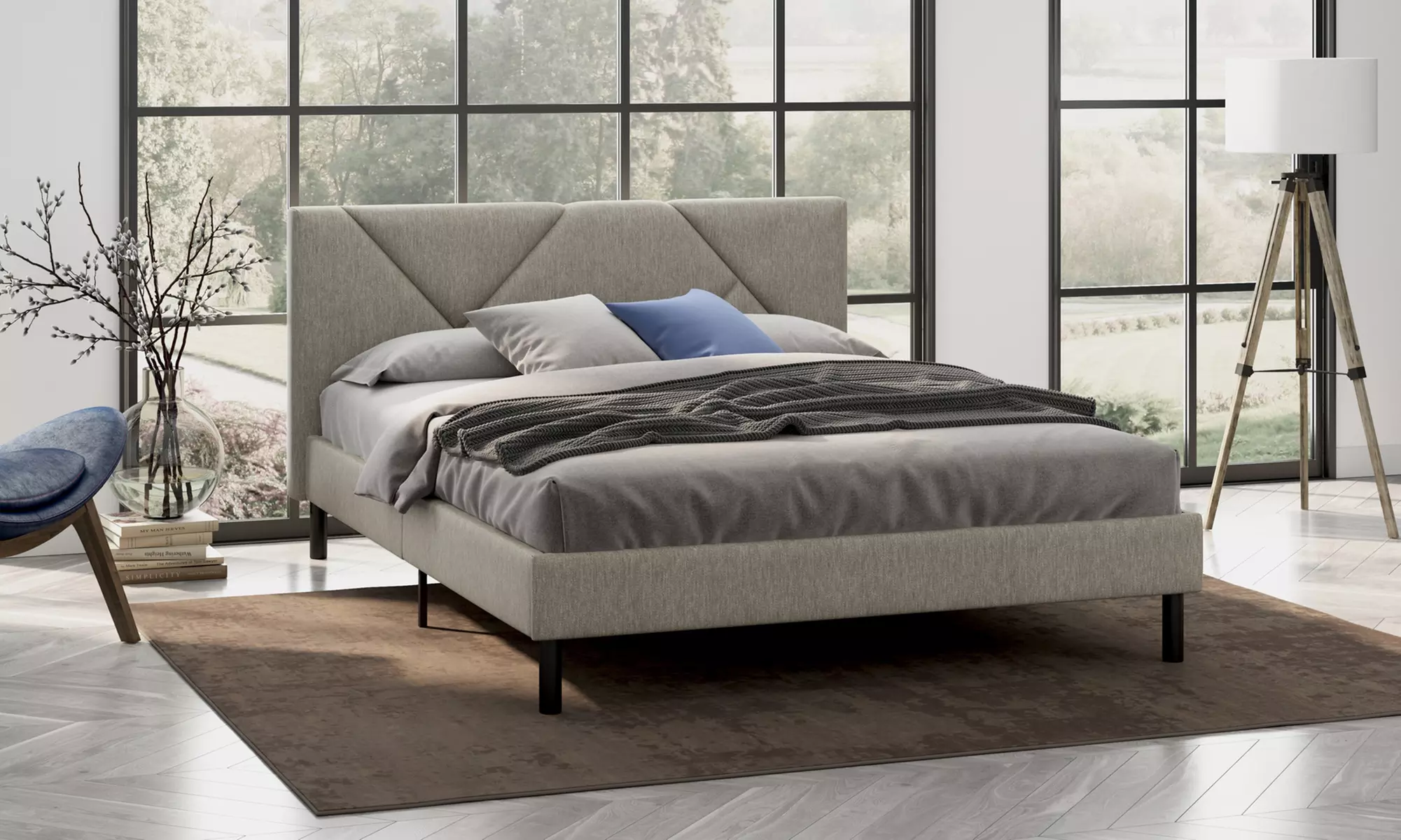 Letto imbottito in tessuto con doghe in legno e vano contenitore