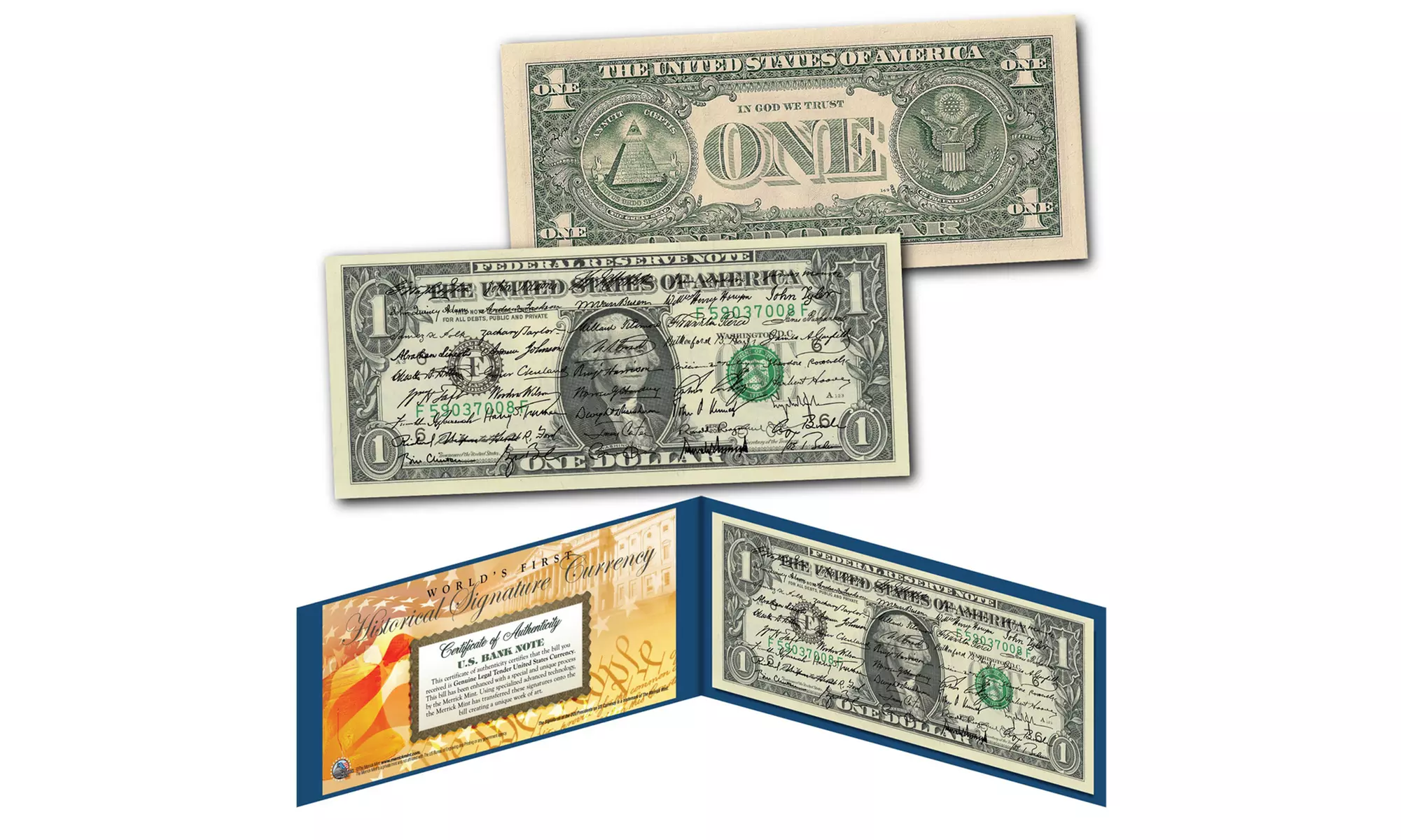 All 46 US Presidents Signatures on Genuine U.S. Legal Tender 1 or 2 Dollar Bill - Primary Image