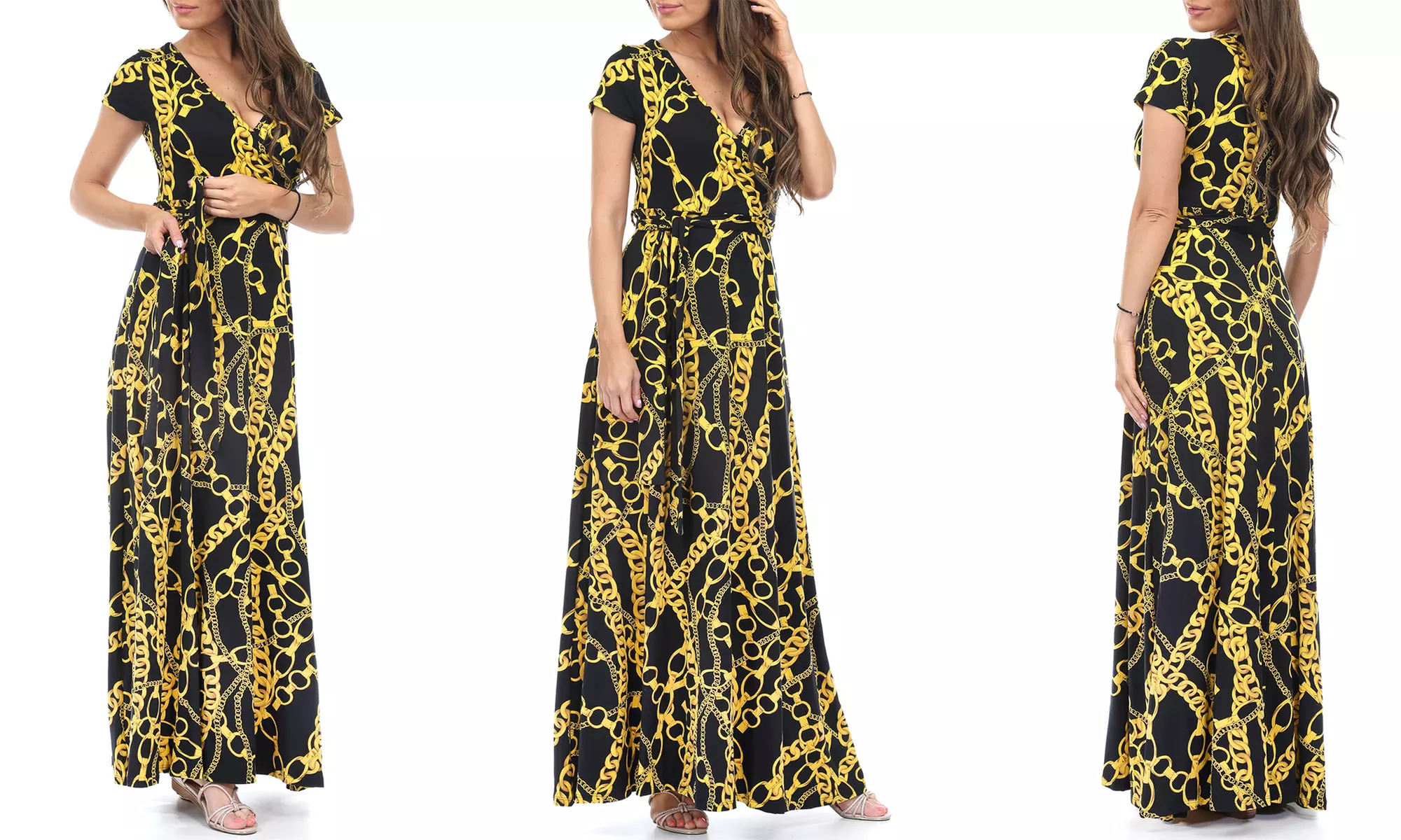 Women's Designer Chain Print Maxi Dress with Belt - Second Medium