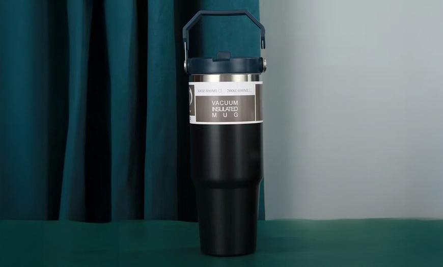 Image 3: Portable Stainless Steel Cup with Hidden Straw and Handle