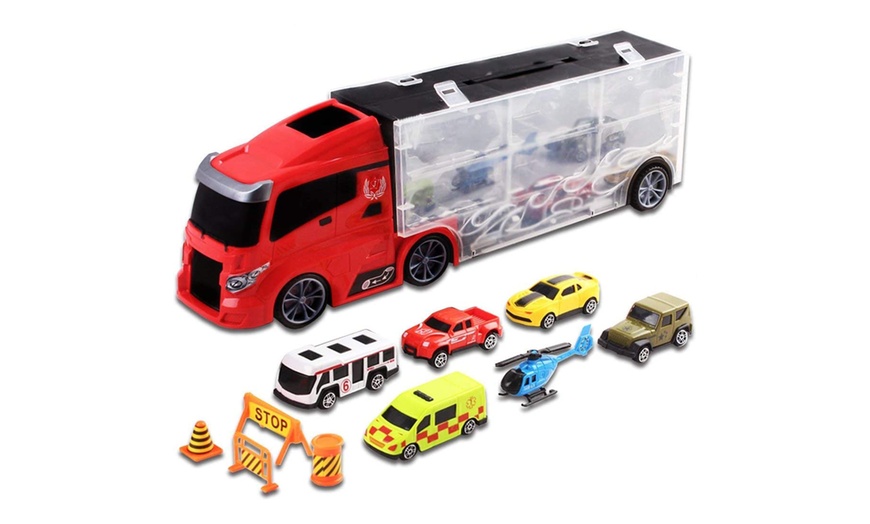 Image 2: CR1 Transporter Truck Carrycase Play Set with Toy Vehicles and Map