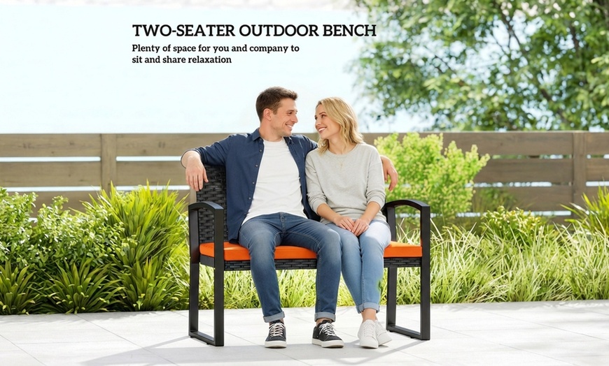 Image 5: Outsunny 2-Seater Rattan-Effect Garden Bench with Cushioned Seat