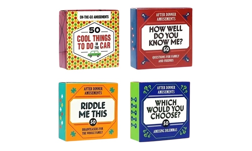 Image 1: One or Four Travel Card Games - Family Fun Questions and Riddles