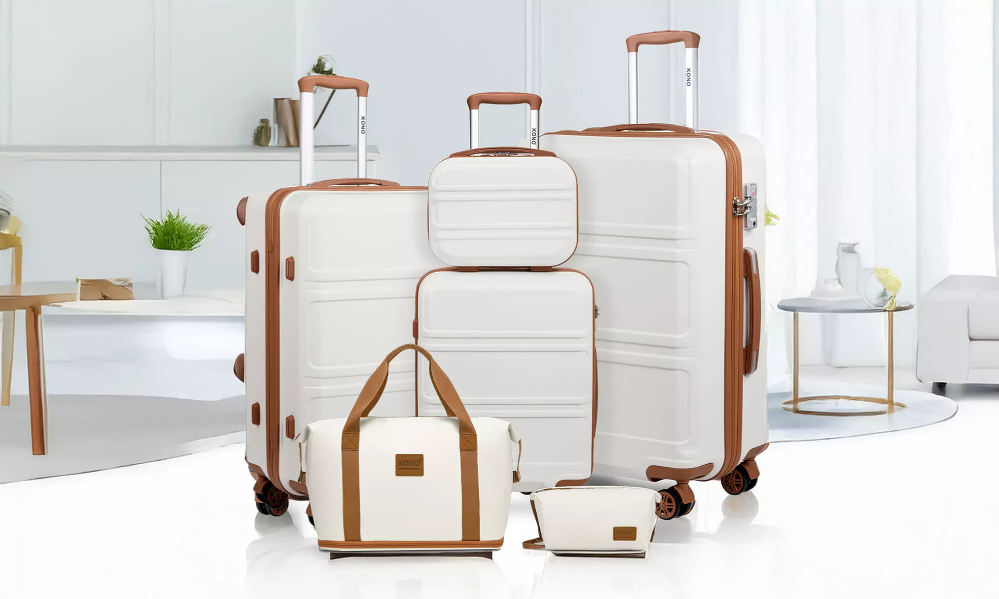 Kono Six-Piece Cream Hard Shell Suitcase and Bag Set