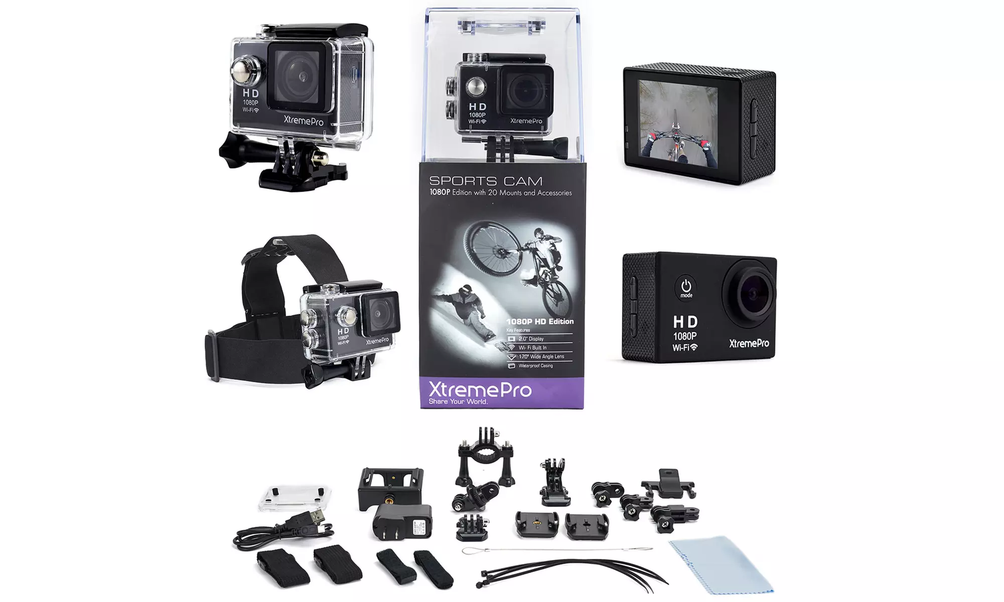 XtremePro HD 1080p Wifi and 720p Sports Camera Bundle with Mounts & Accessories - Primary Image