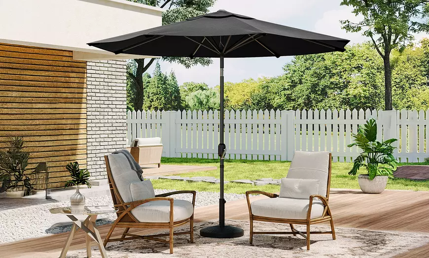 Image 1: Large 3m Black Rotating Outdoor Parasol with Multiple Base Styles