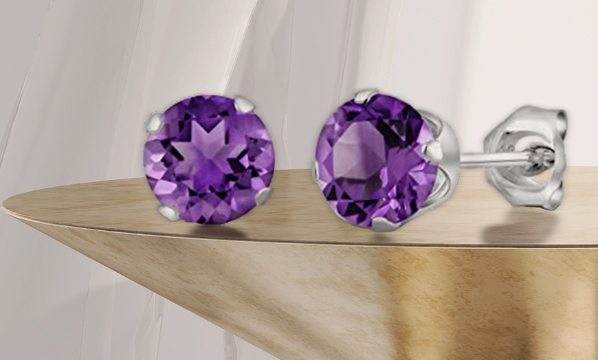 Image 1: White Gold Plated 6mm Round Amethyst Solitaire Stud Earrings