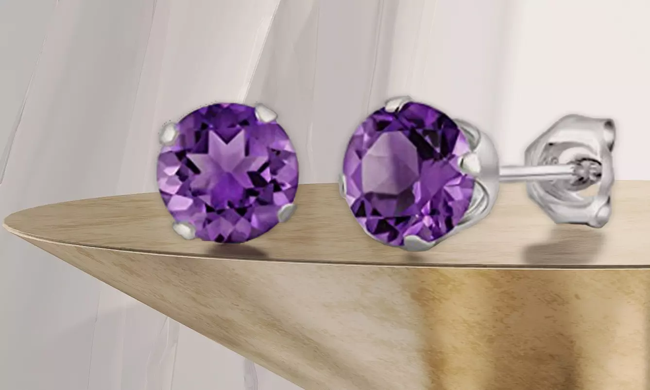 White Gold Plated 6mm Round Amethyst Solitaire Stud Earrings