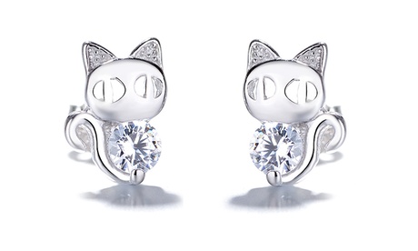 Sterling Silver Cat Earrings With Genuine Crystals Silver Crystal Crystal Sterling Silver