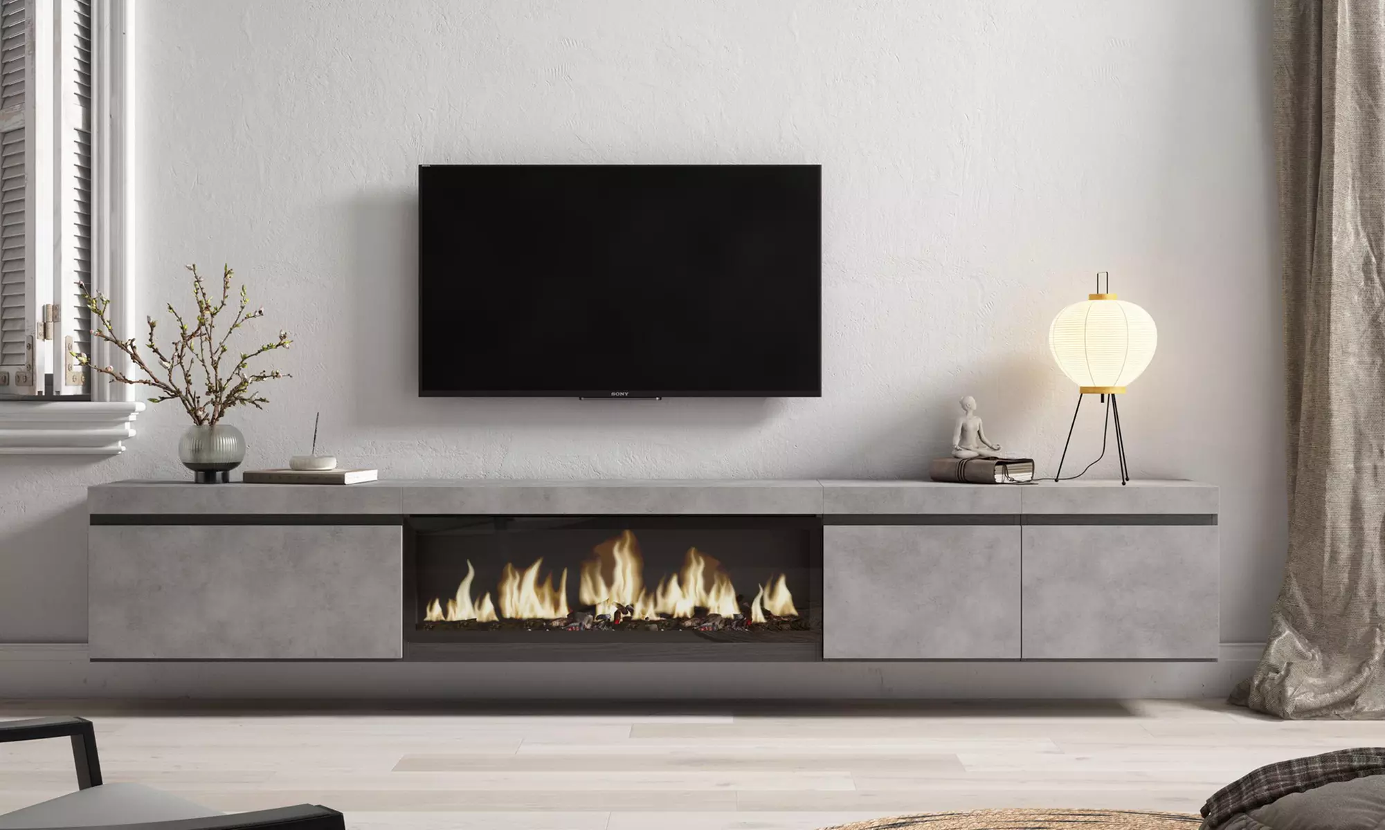 Hängender TV-Schrank 320 cm od. TV-Schrank 288 cm + elektrischer Kamin