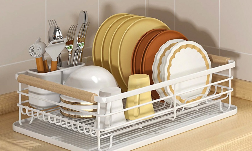 Image 1: Two-Tier Metal Dish Drying Rack with Removable Drip Tray