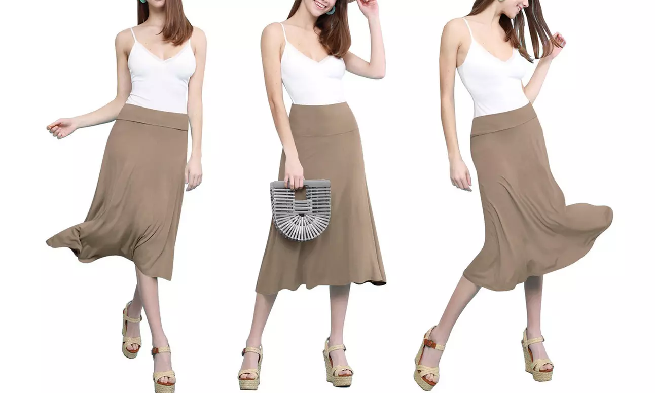 Women's Solid Lightweight Flare Midi Pull On Skirt