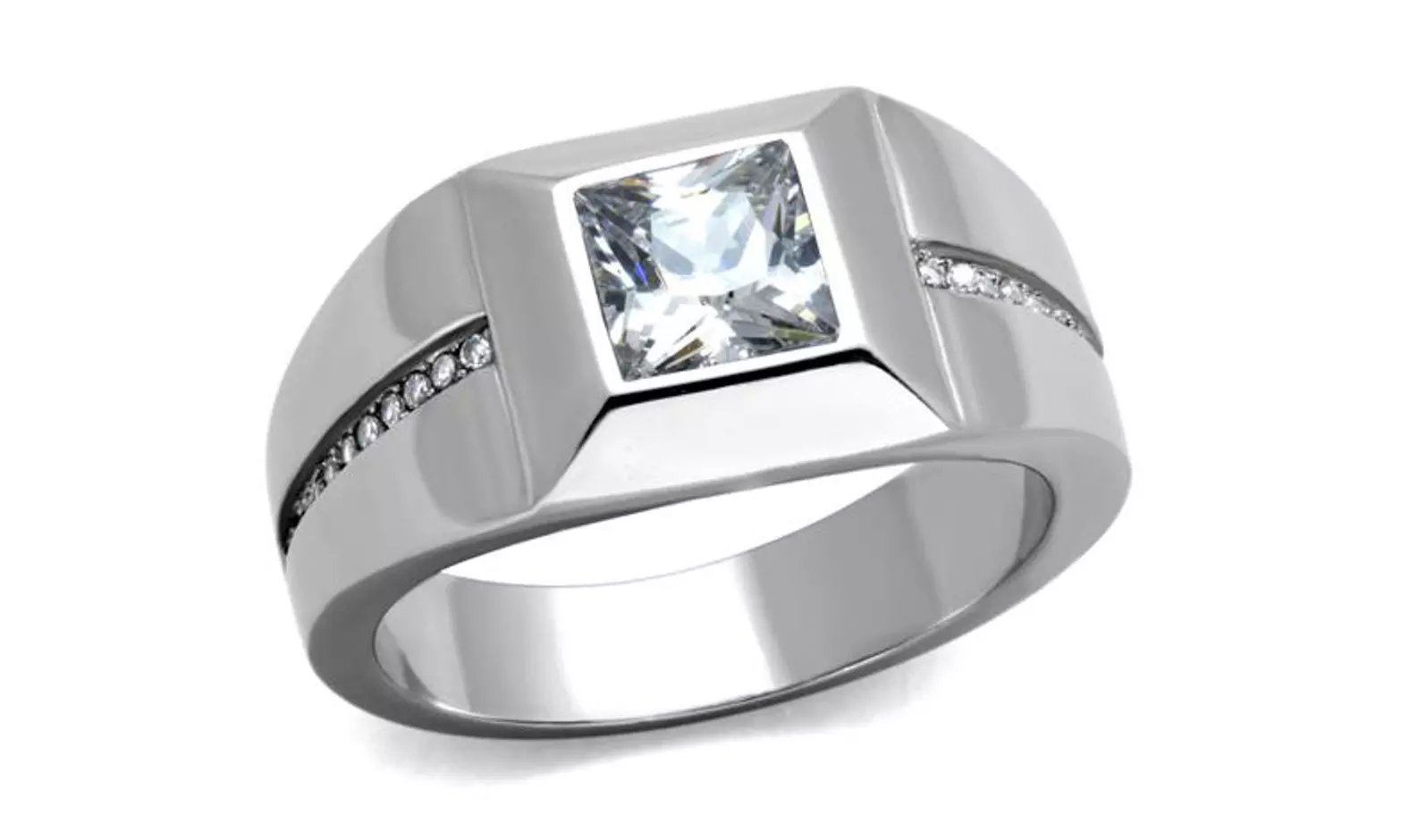 Mens Stainless Steel and Cushion Cut Cubic Zirconia Flush Setting Ring