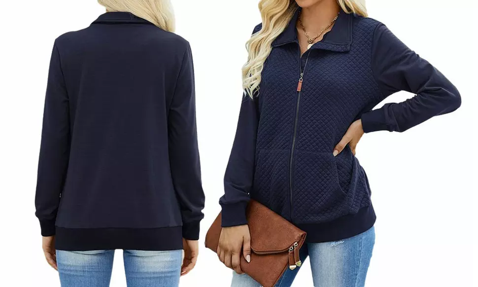 Elings Women Quilted Zip Up Pockets Lightweight Sweatshirt Jacket (S-XL)