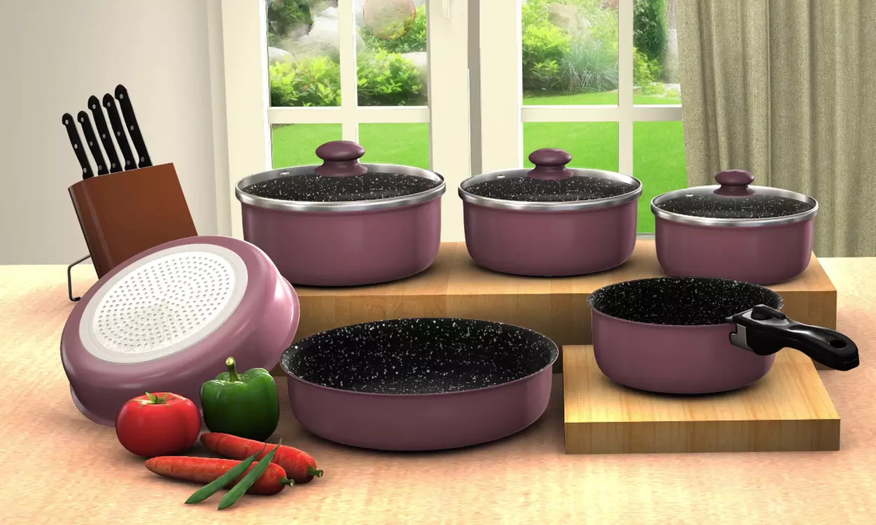 Batería de cocina de 10 piezas con revestimiento antiadherente de piedra y mango desmontable, de Herzberg - Primary Image