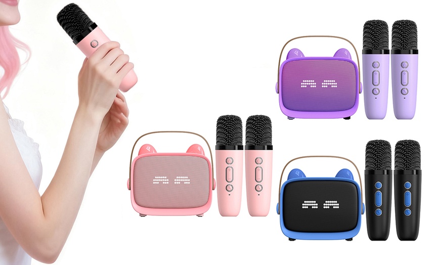Image 2: Mini Bluetooth Karaoke Machine with 2 Wireless Microphones
