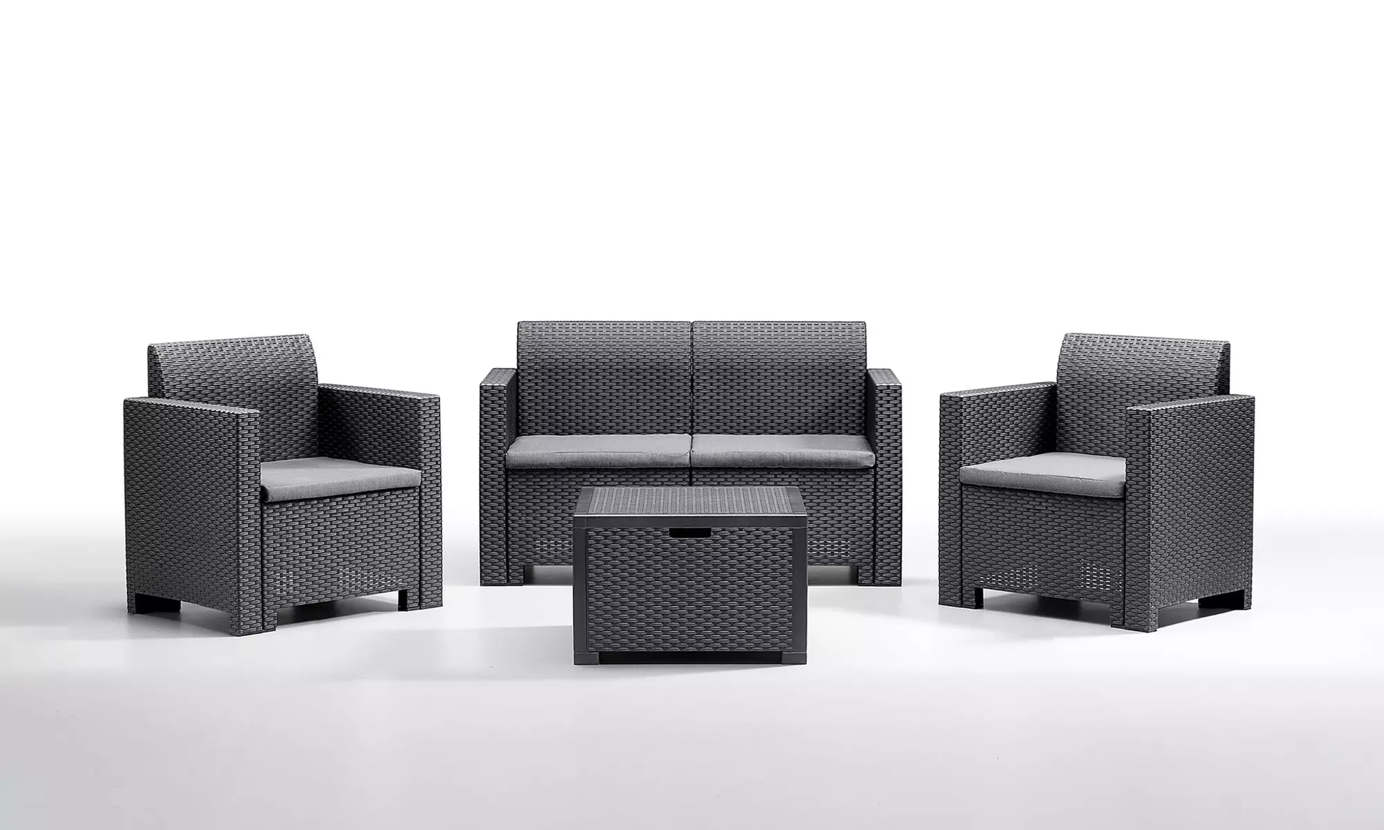 Salotto da giardino Nebraska con 2 poltrone, 1 sofa e 1 tavolino, disponibile in 3 colori, con spedizione gratuita - Primary Image