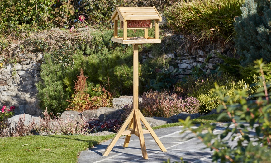 Image 1: Wooden Bird Table with Built-in Feeder