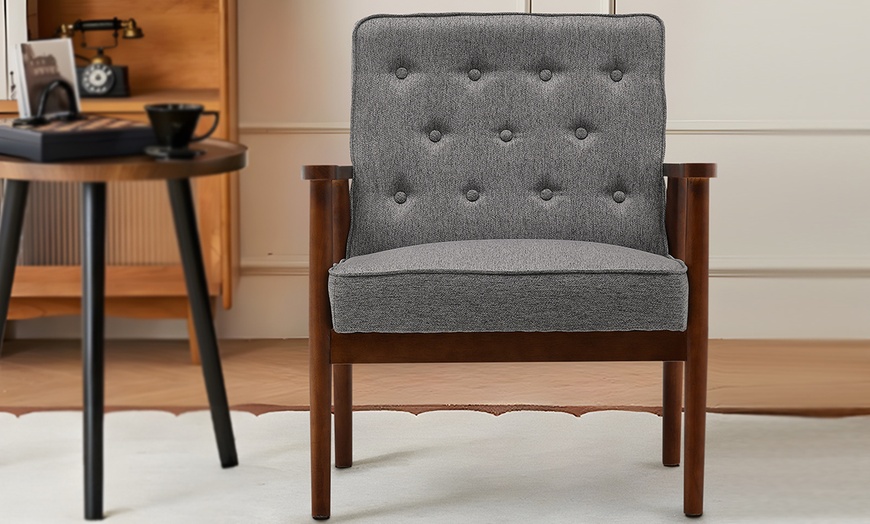 Image 3: Grey Modern Style Wooden Frame Upholstered Lounge Chair